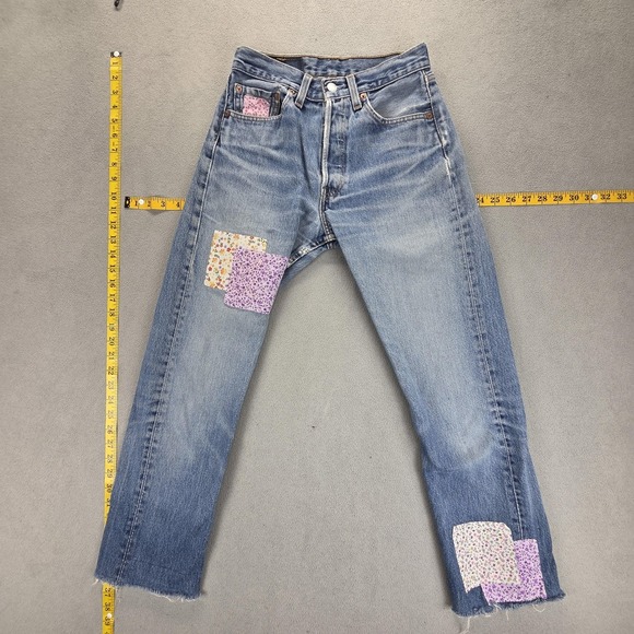 Levi's Denim - VTG Levis 501 Jeans Womens Blue Straight Floral Patch USA Raw Hem Fits 24x26